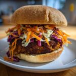 A close-up of a Roasted Cabbage Burgers patty topped high with vibrant, shredded carrots and purple and white cabbage slaw.