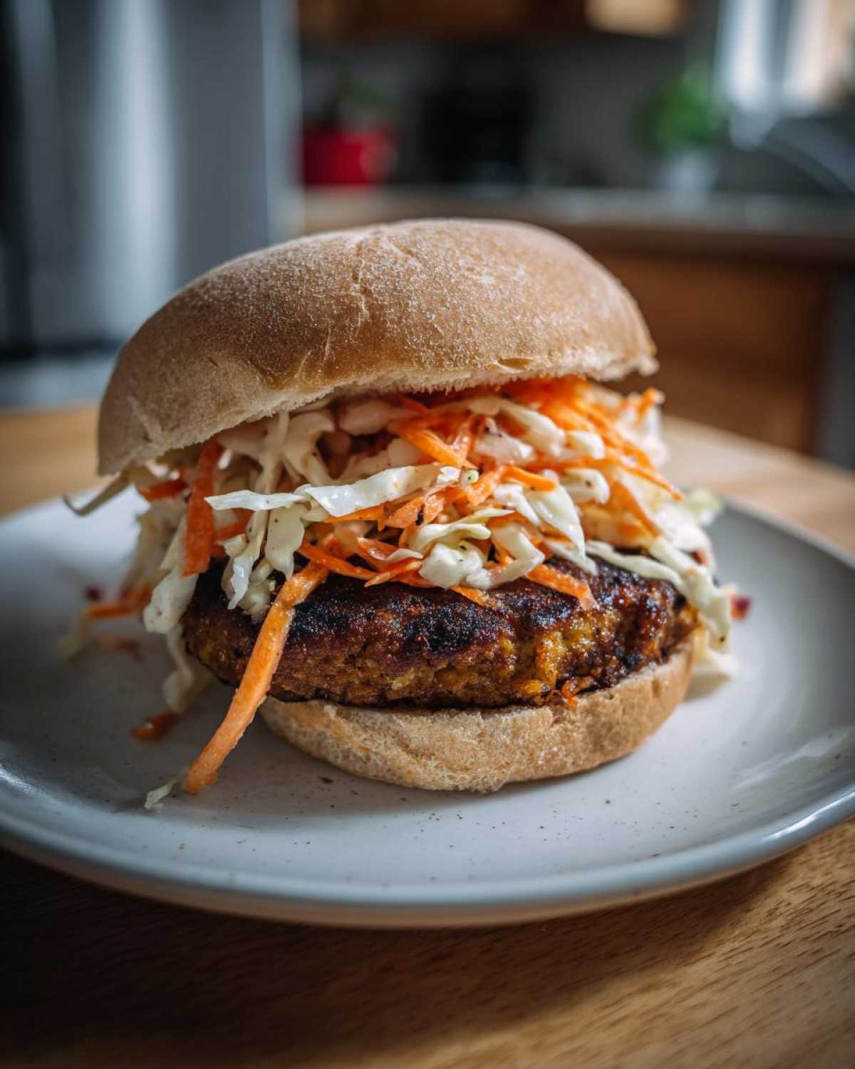 A close-up of a Roasted Cabbage Burger topped generously with bright, shredded spicy slaw, served on a bun.