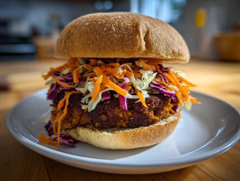 A close-up of a Roasted Cabbage Burgers patty topped high with vibrant, shredded carrots and purple and white cabbage slaw.