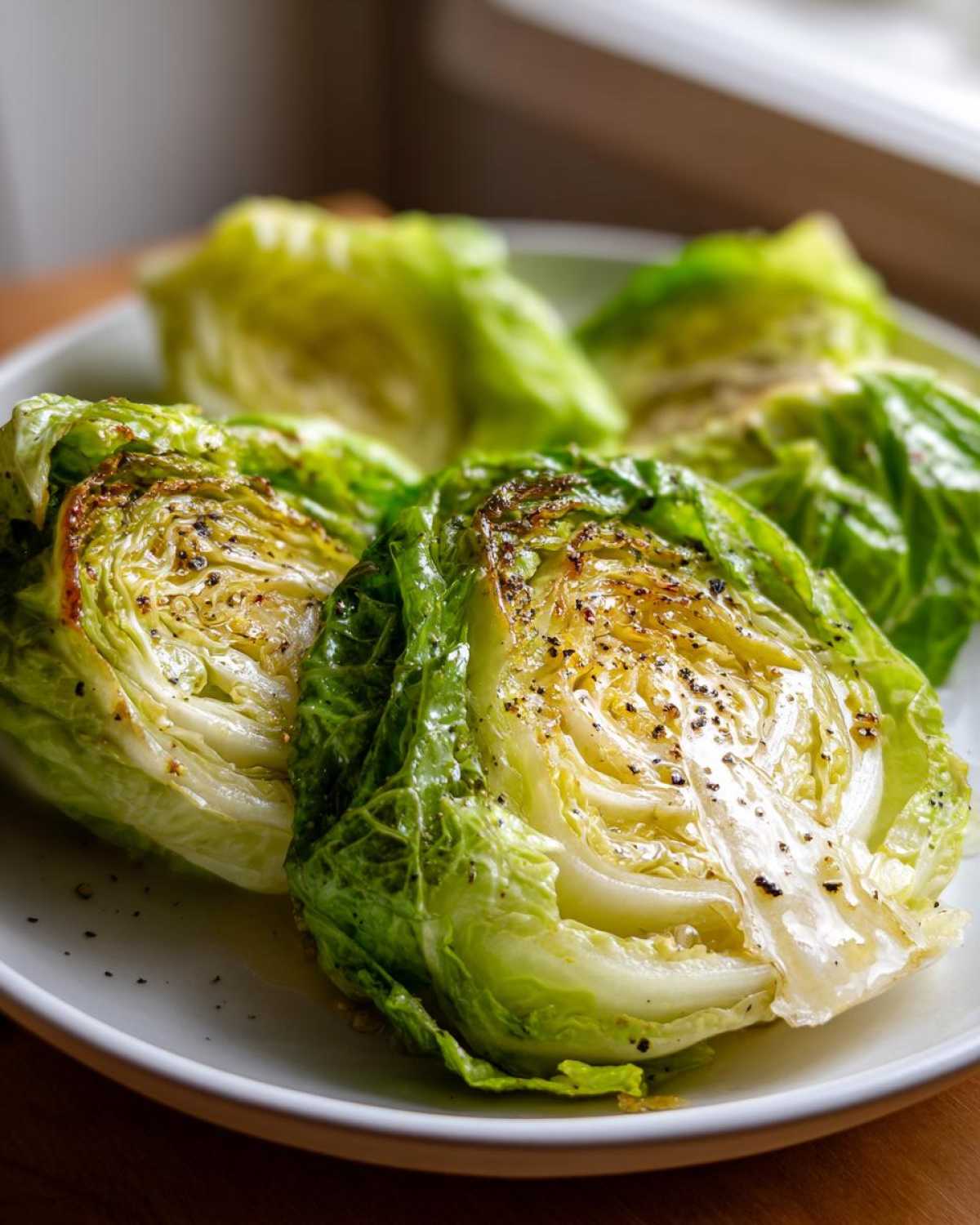 Close-up of four wedges of Roasted Cabbage with Garlic Butter, seasoned with black pepper.