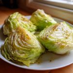 Four wedges of perfectly Roasted Cabbage with Garlic Butter glistening on a white plate.