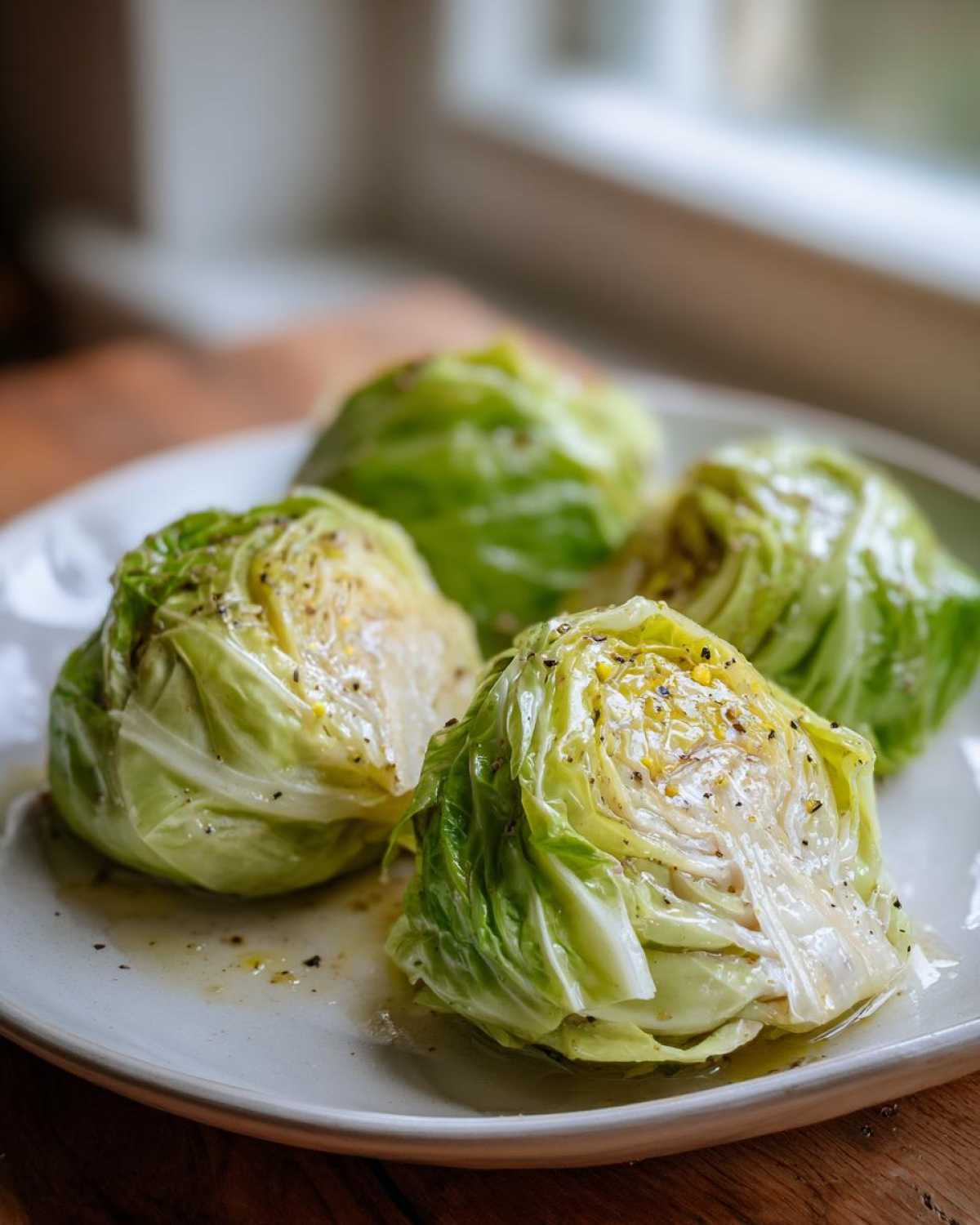 Four halves of Roasted Cabbage with Garlic Butter glistening with melted butter and sprinkled with pepper on a white plate.