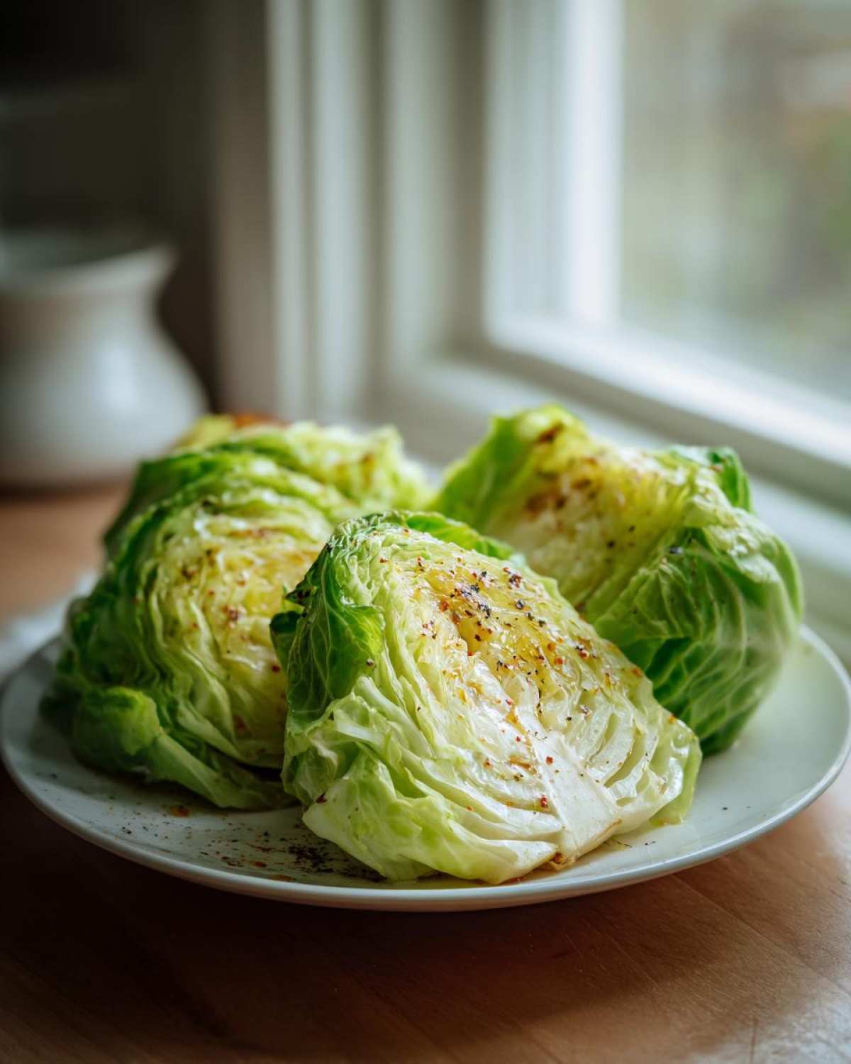 Four wedges of Roasted Cabbage with Garlic Butter seasoned with pepper, served on a white plate near a window.