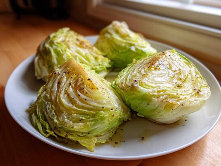 Four wedges of perfectly Roasted Cabbage with Garlic Butter glistening on a white plate.