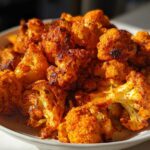 Close-up of perfectly Roasted Cauliflower with Smoked Paprika, showing caramelized, bright orange florets in a white bowl.