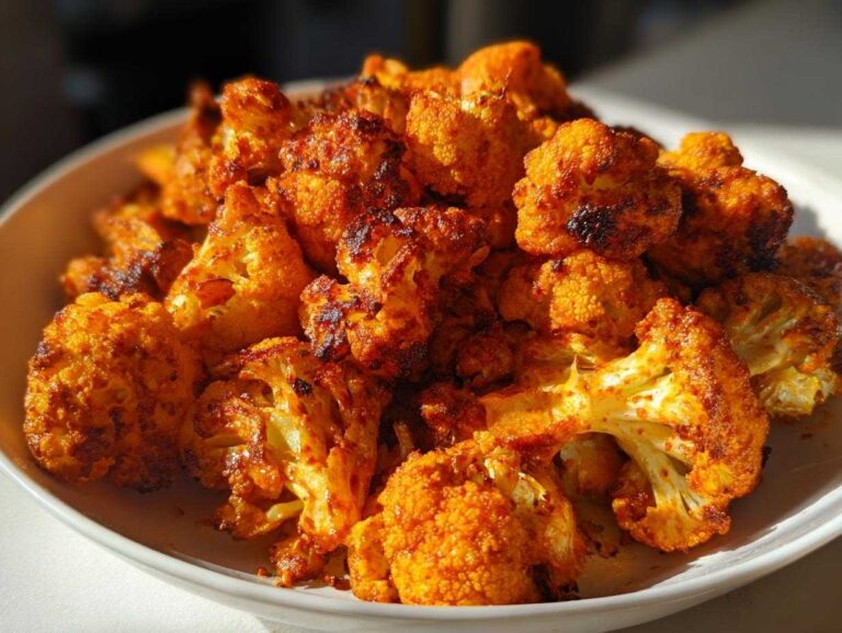 Close-up of perfectly Roasted Cauliflower with Smoked Paprika, showing caramelized, bright orange florets in a white bowl.