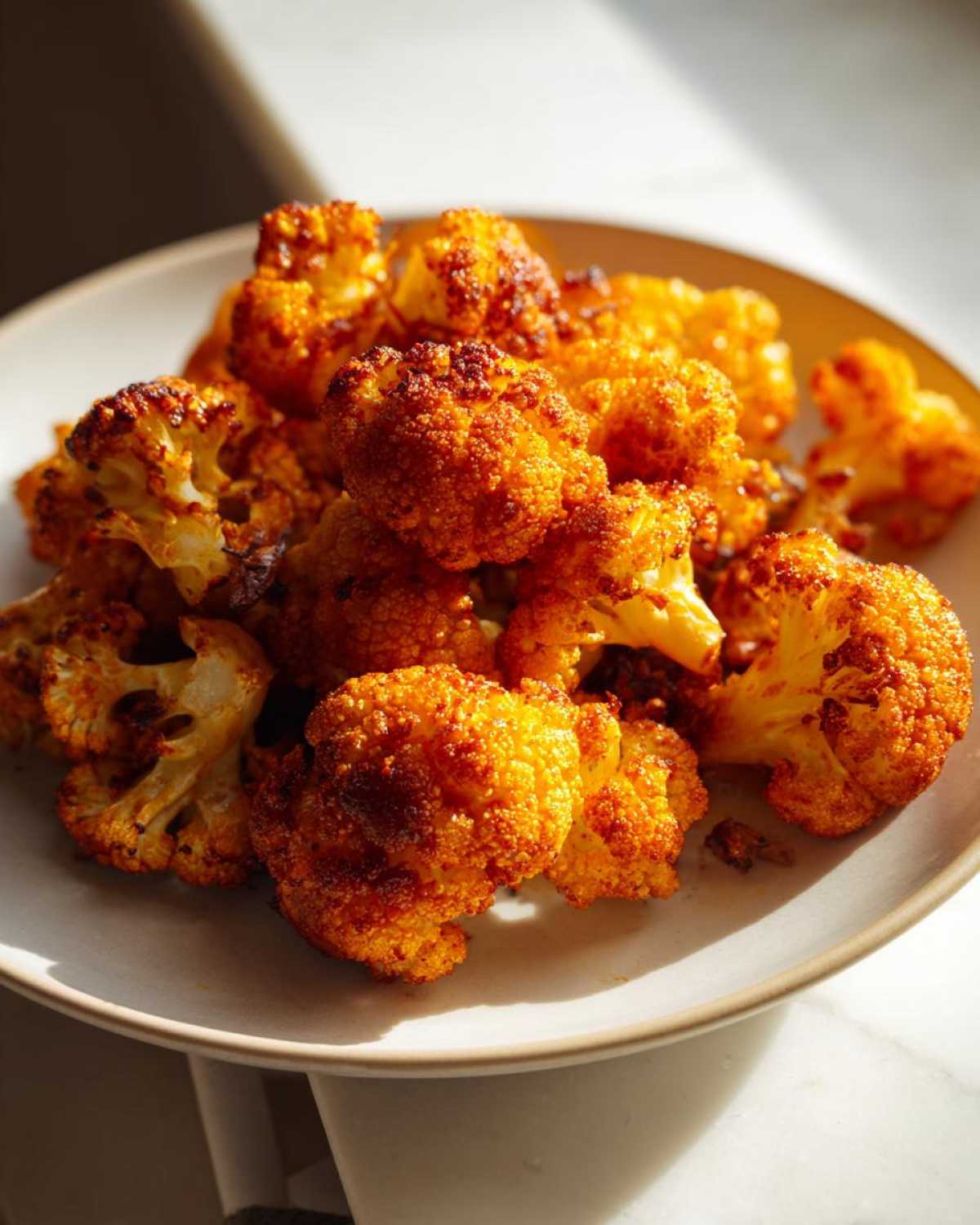 A close-up of beautifully browned Roasted Cauliflower with Smoked Paprika florets piled high on a light plate.