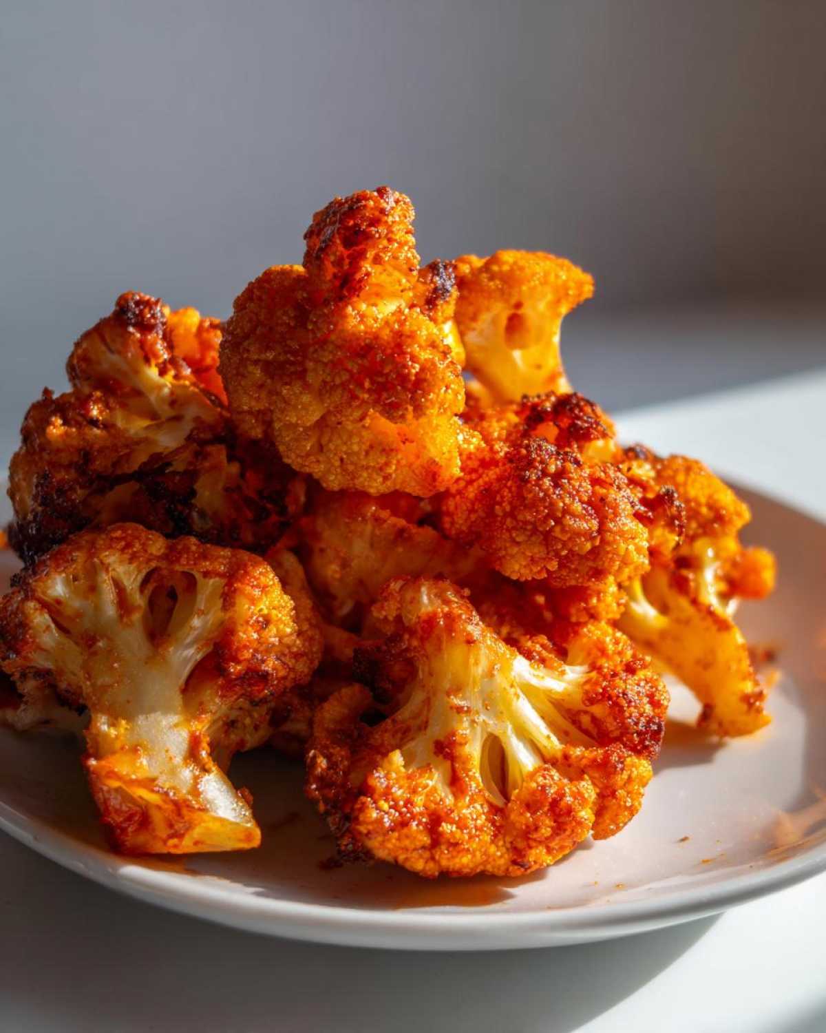 Close-up of vibrant orange Roasted Cauliflower with Smoked Paprika florets piled on a white plate.