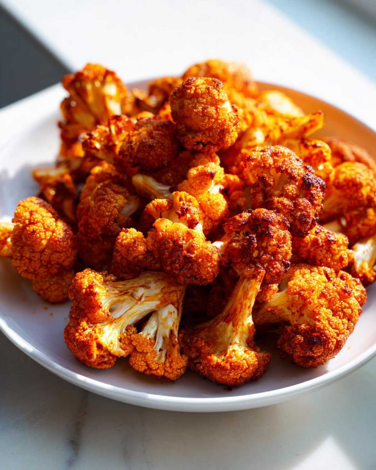 A white plate piled high with perfectly Roasted Cauliflower with Smoked Paprika florets, showing a vibrant orange color.