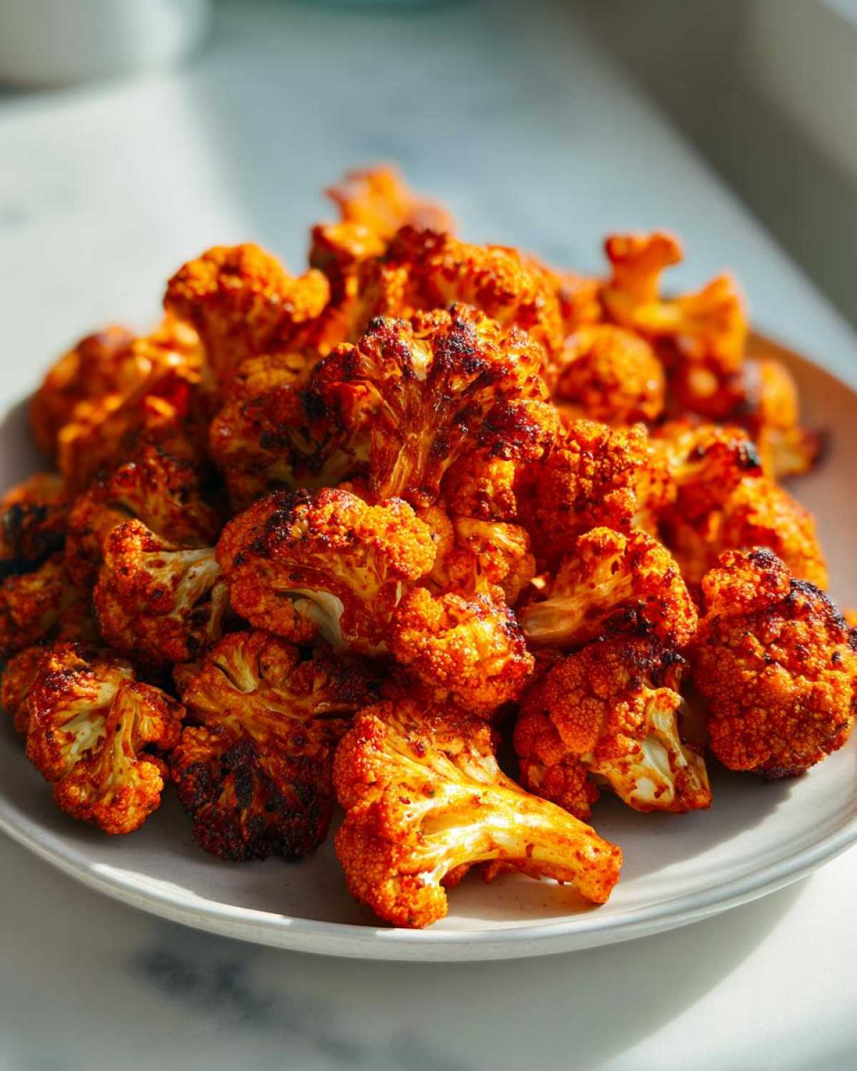 A mound of vibrant orange Roasted Cauliflower with Smoked Paprika florets piled high on a light gray plate.