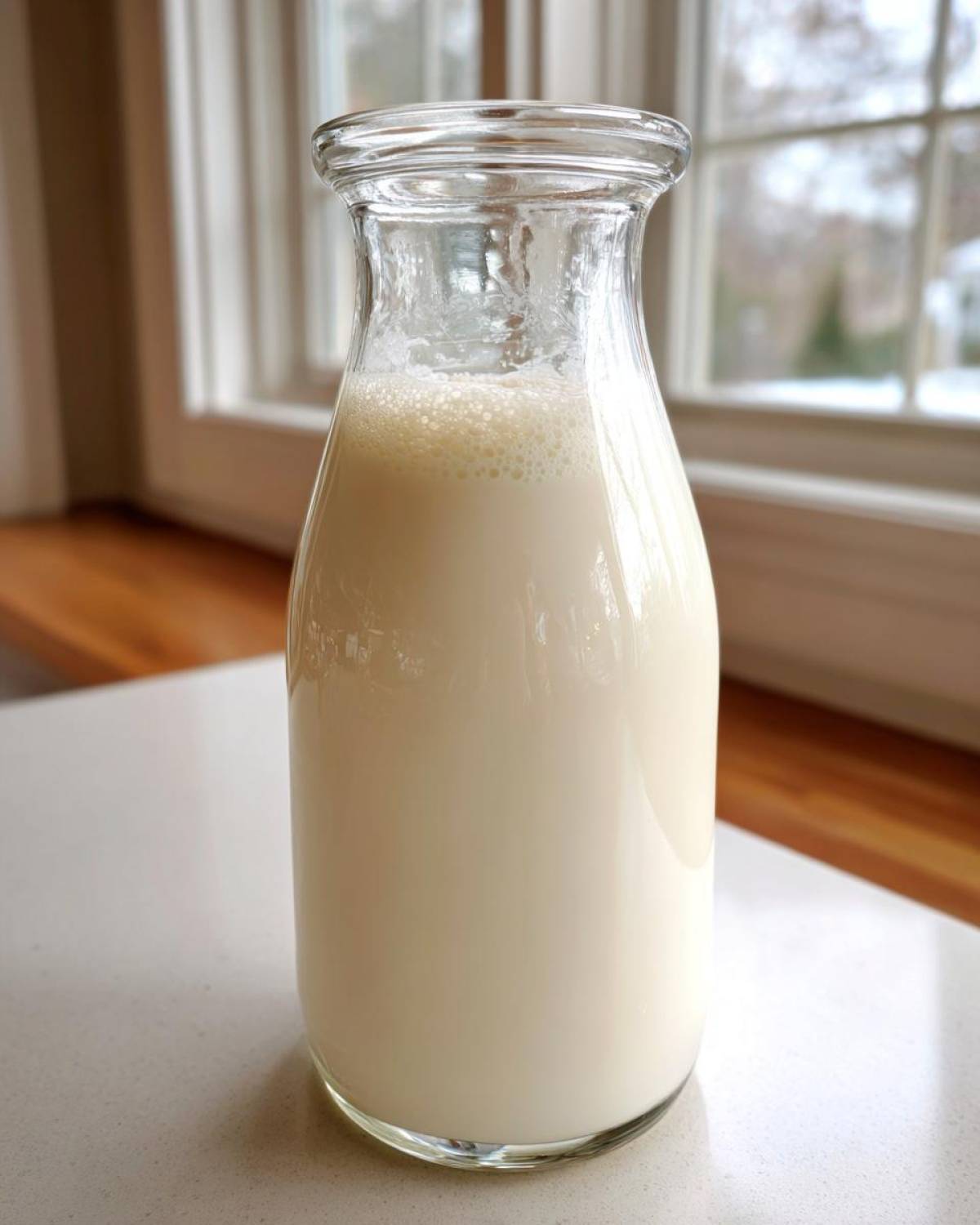 A clear glass milk bottle filled with creamy Salted Maple Cashew Milk, sitting on a white counter near a window.