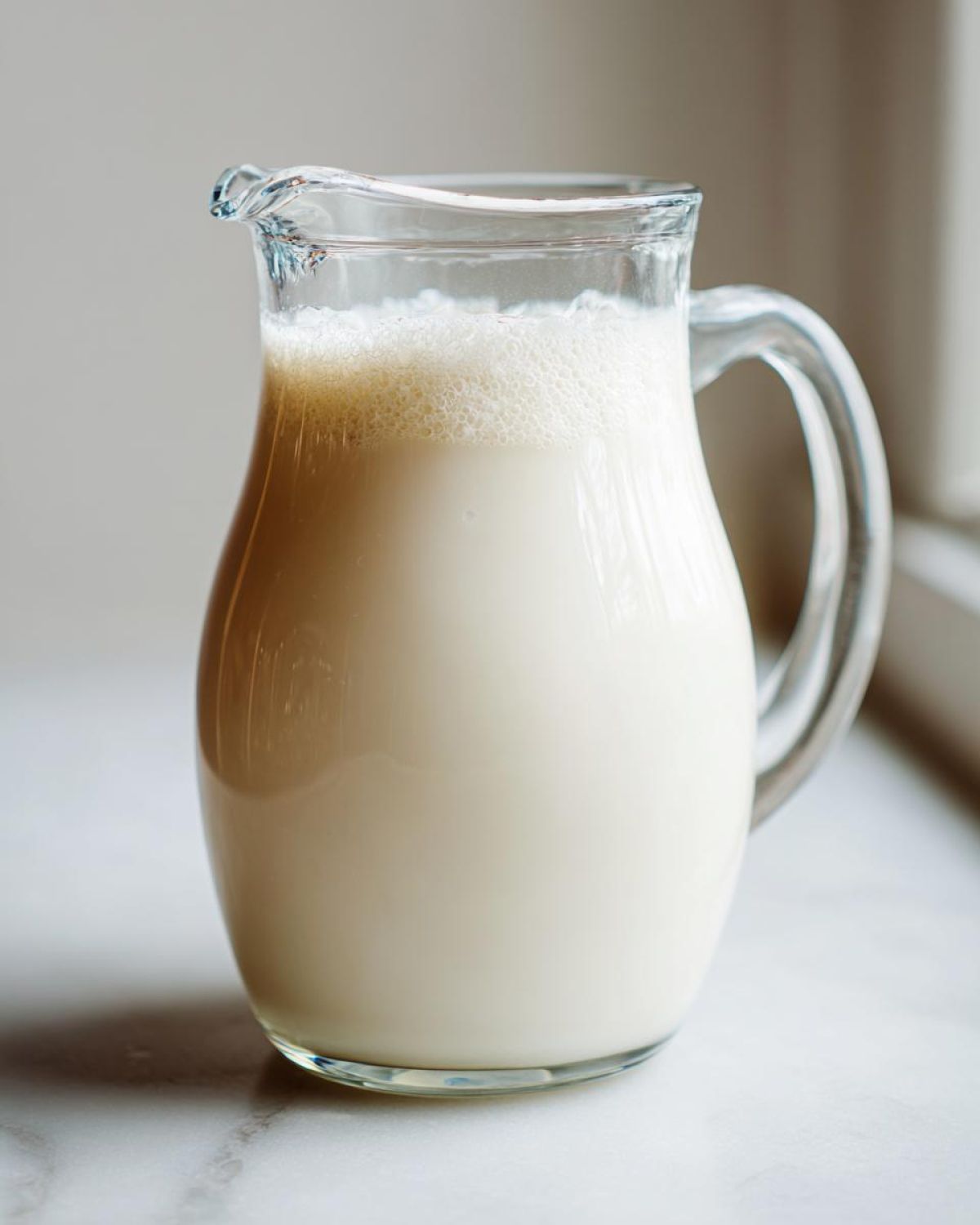 A clear glass pitcher filled with creamy Salted Maple Cashew Milk, showing a slight foam layer on top.