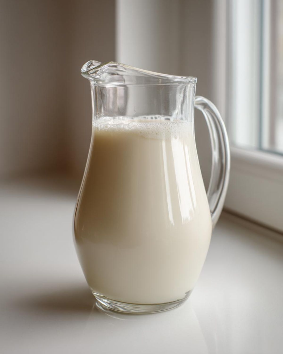 A clear glass pitcher filled with creamy Salted Maple Cashew Milk resting on a white surface near a window.