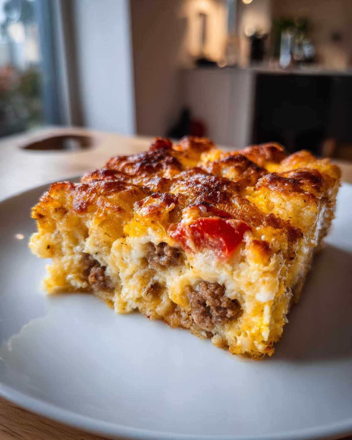 Close-up of a hearty slice of Tater Tot Breakfast Casserole featuring sausage, egg, and melted cheese topping.