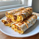 Four Sheet Pan Breakfast Burritos filled with eggs and sausage, drizzled with chipotle sauce.