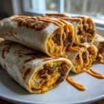A stack of toasted Sheet Pan Breakfast Burritos filled with eggs and sausage, drizzled generously with chipotle sauce.