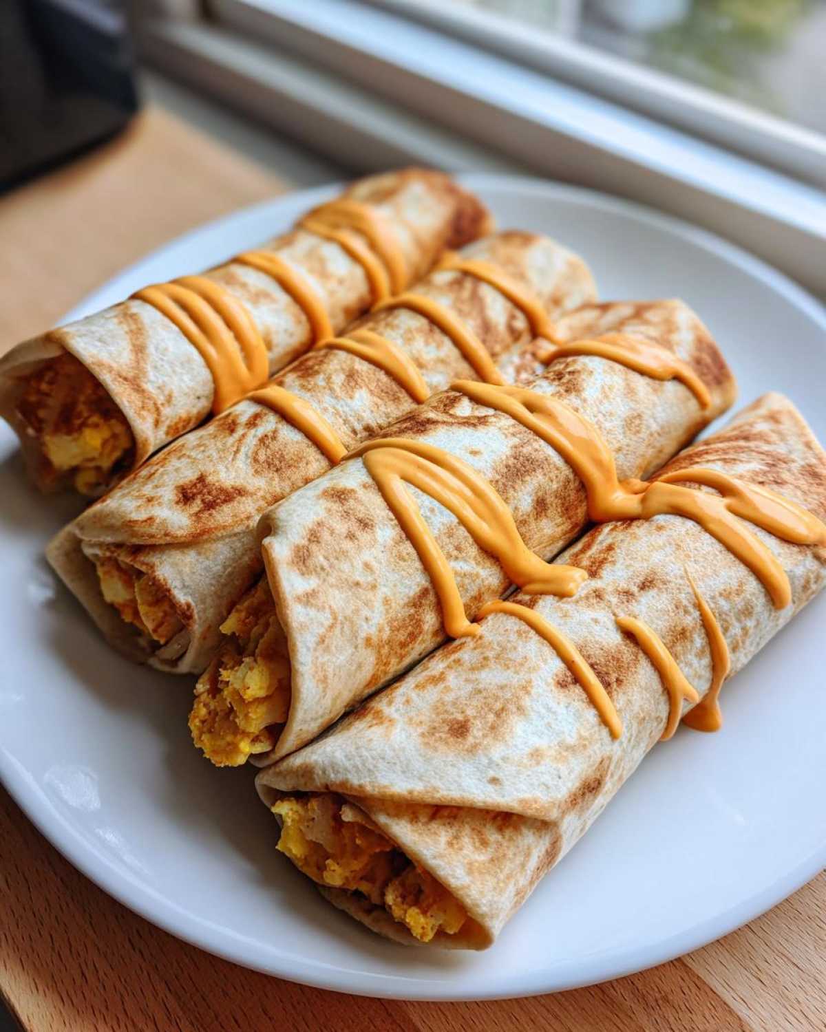 Four rolled Sheet Pan Breakfast Burritos topped with a zigzag of orange chipotle sauce on a white plate.