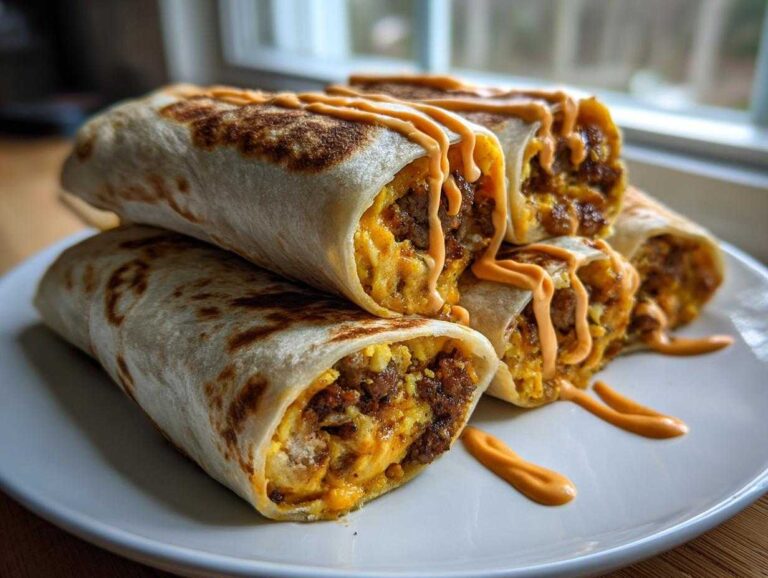 A stack of toasted Sheet Pan Breakfast Burritos filled with eggs and sausage, drizzled generously with chipotle sauce.