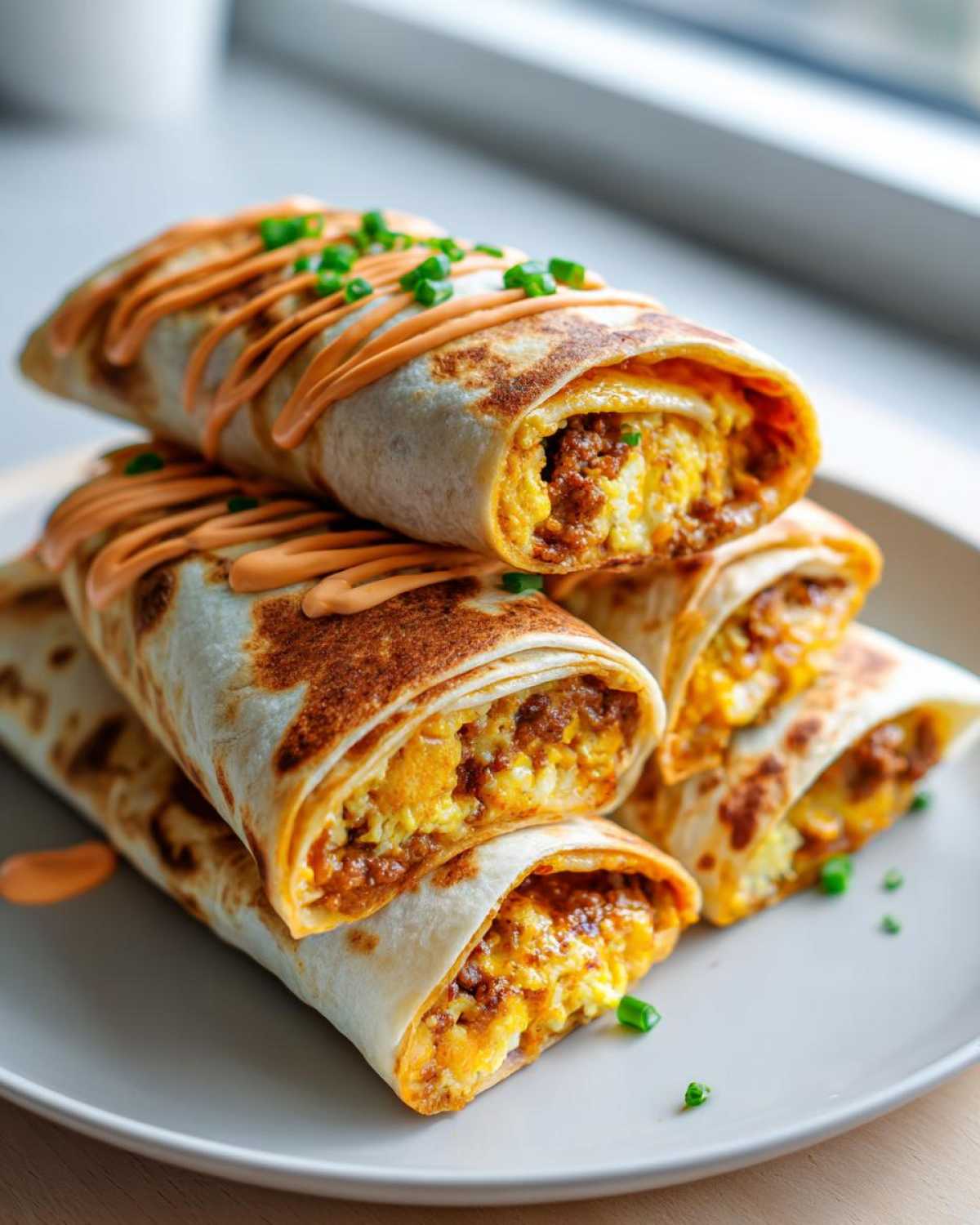 A stack of toasted Sheet Pan Breakfast Burritos with chipotle sauce drizzle and green onions.