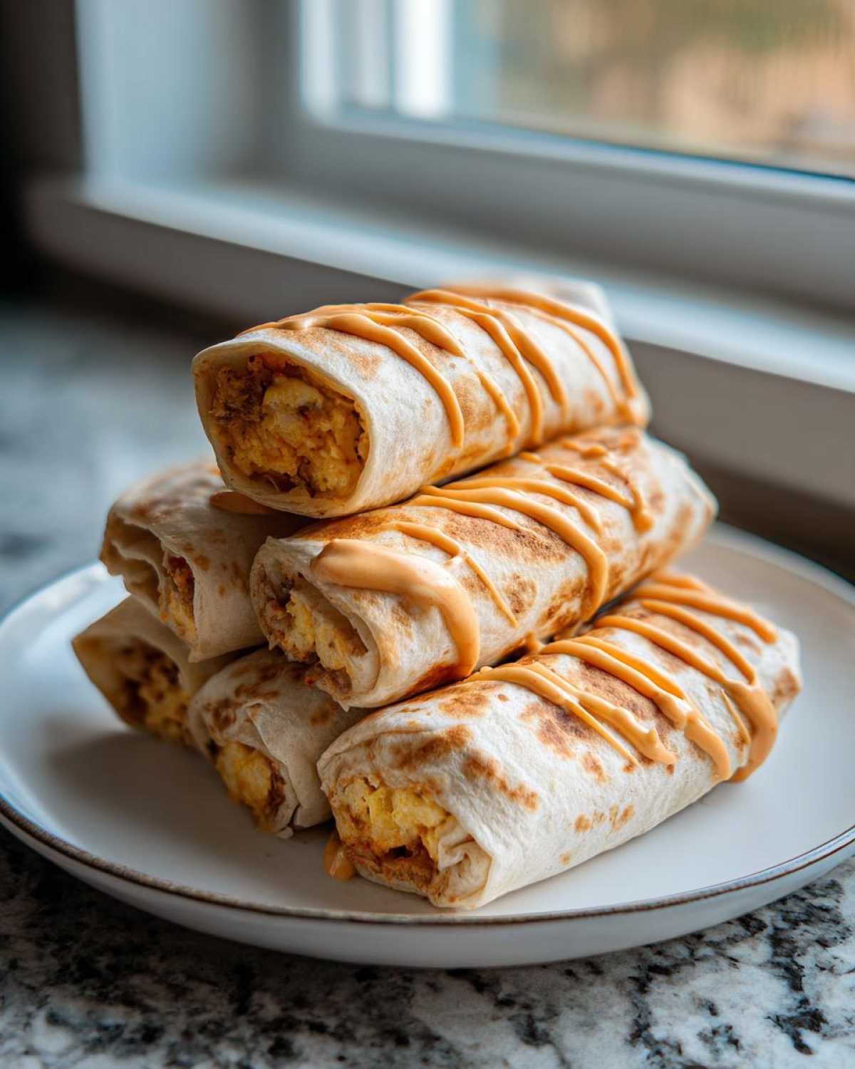 A stack of five Sheet Pan Breakfast Burritos with Chipotle Sauce drizzled on top, resting on a white plate.