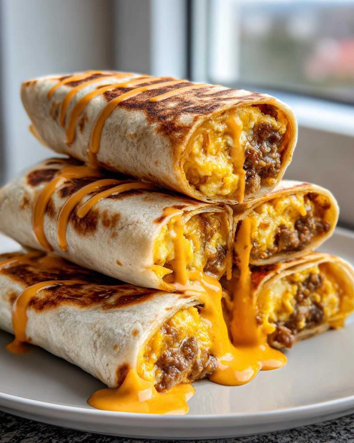 A stack of four grilled Sheet Pan Breakfast Burritos filled with eggs and meat, drizzled heavily with orange cheese sauce.