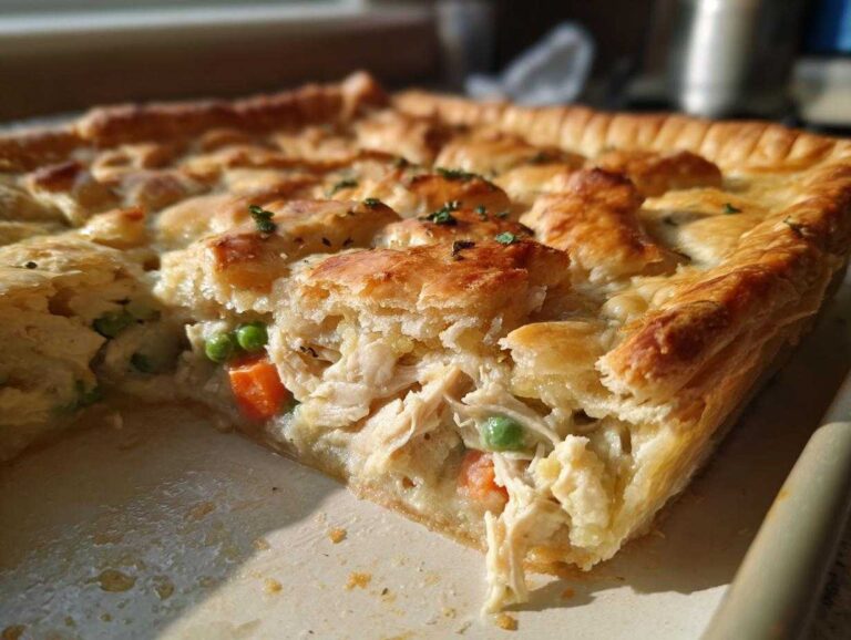 Close-up of a slice removed from a Sheet-Pan Chicken Potpie with Flaky Crust, showing creamy filling and golden pastry.