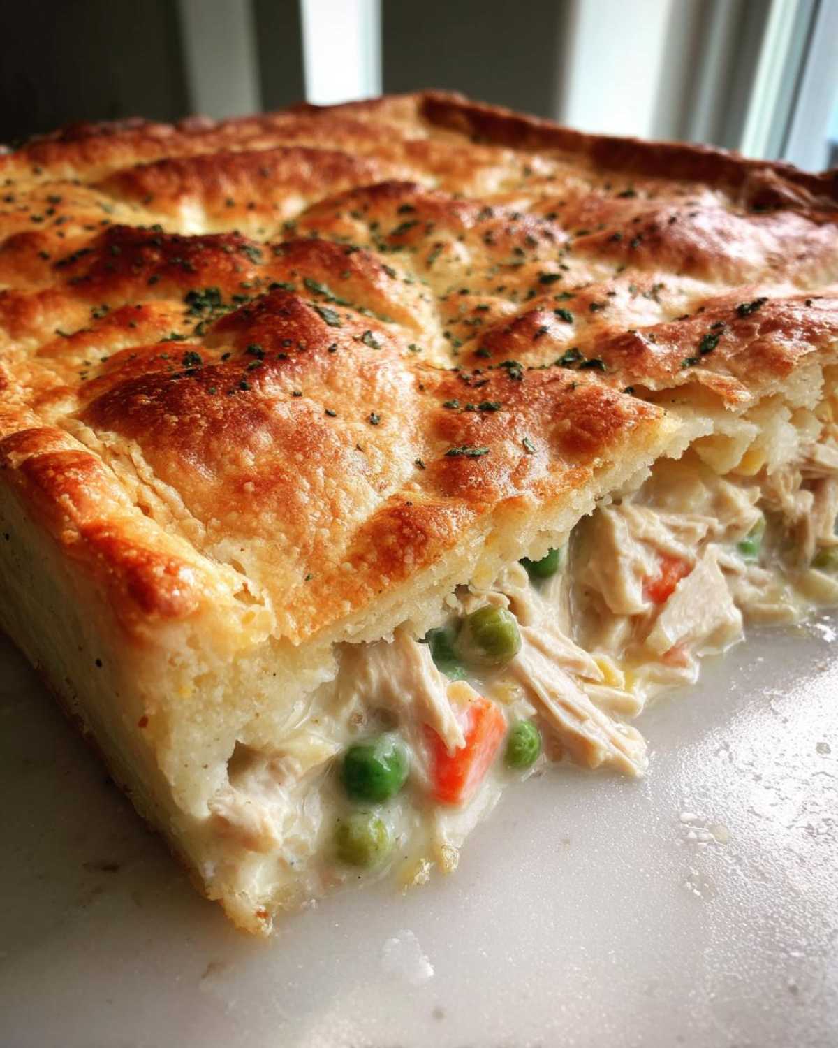 Close-up of a thick slice of Sheet-Pan Chicken Potpie showing shredded chicken, peas, and carrots in creamy sauce under a golden flaky crust.