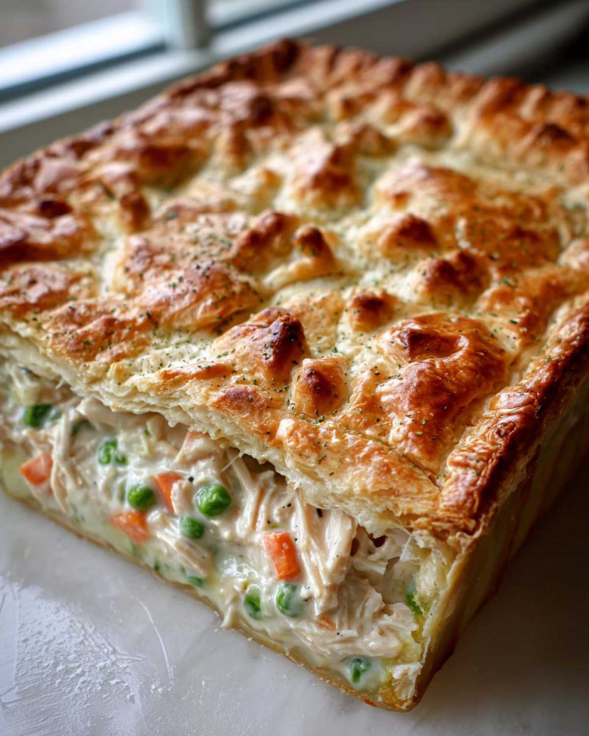 Cross-section view of a Sheet-Pan Chicken Potpie with flaky crust showing creamy filling, shredded chicken, peas, and carrots.