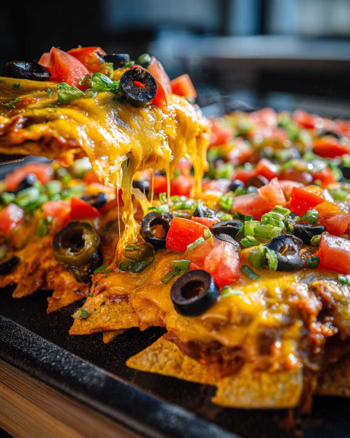 A spatula lifts a cheesy portion of Sheet Pan Nachos with Refried Beans, showing melted cheese stretching.