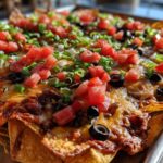 A close-up of baked Sheet Pan Nachos with Refried Beans, melted cheese, diced tomatoes, black olives, and green onions.