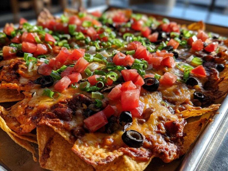 A close-up of baked Sheet Pan Nachos with Refried Beans, melted cheese, diced tomatoes, black olives, and green onions.