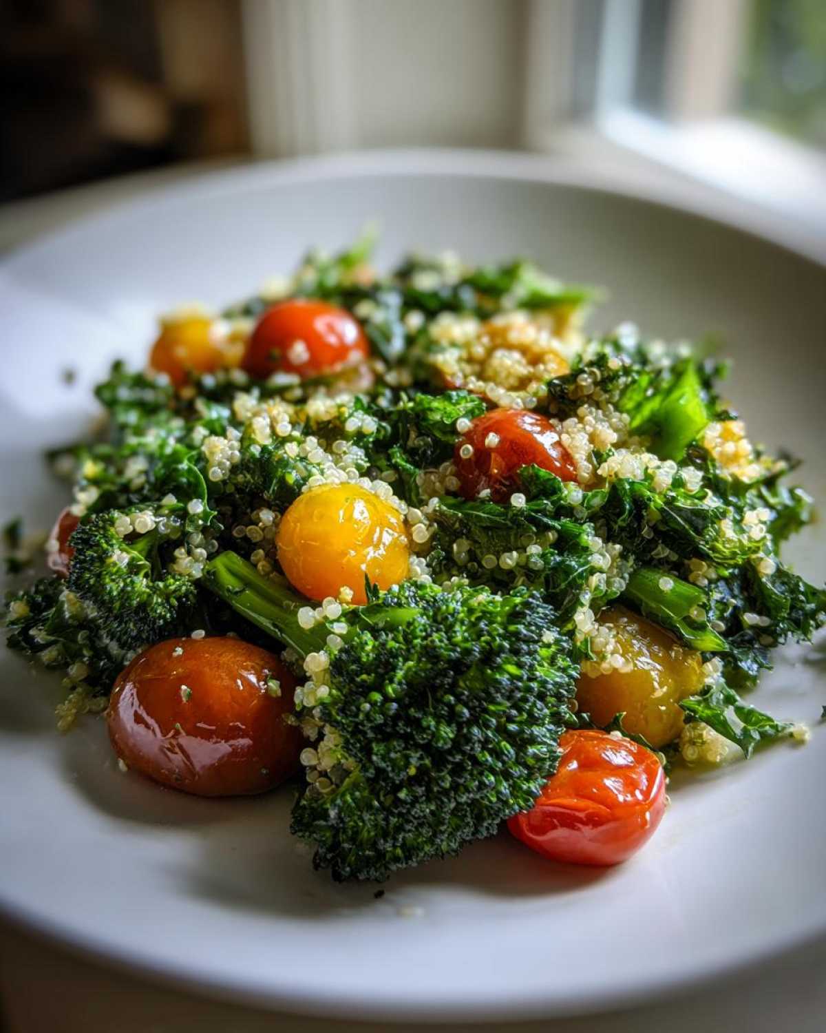 Close-up of a serving of Sheet Pan Salad with Toasted Veggies featuring kale, quinoa, broccoli florets, and roasted cherry tomatoes.