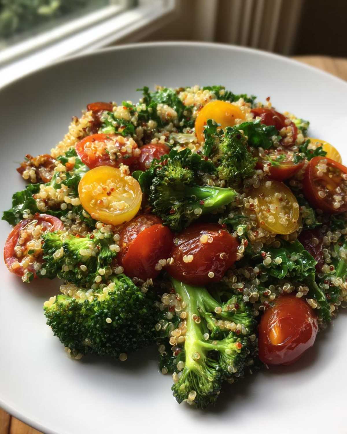 Close-up of a serving of Sheet Pan Salad with Toasted Veggies, featuring quinoa, bright green broccoli florets, and halved cherry tomatoes.