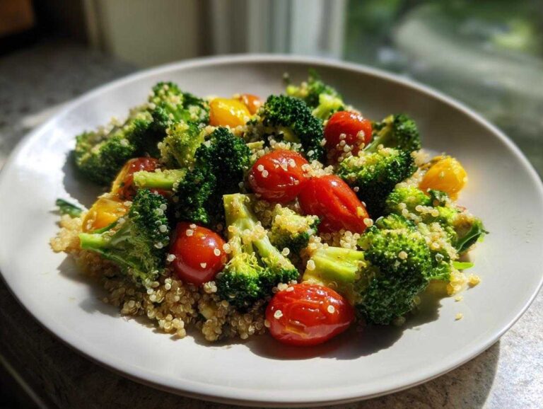 A plate featuring a vibrant Sheet Pan Salad with Toasted Veggies, including bright green broccoli florets, red cherry tomatoes, and yellow squash mixed with quinoa.