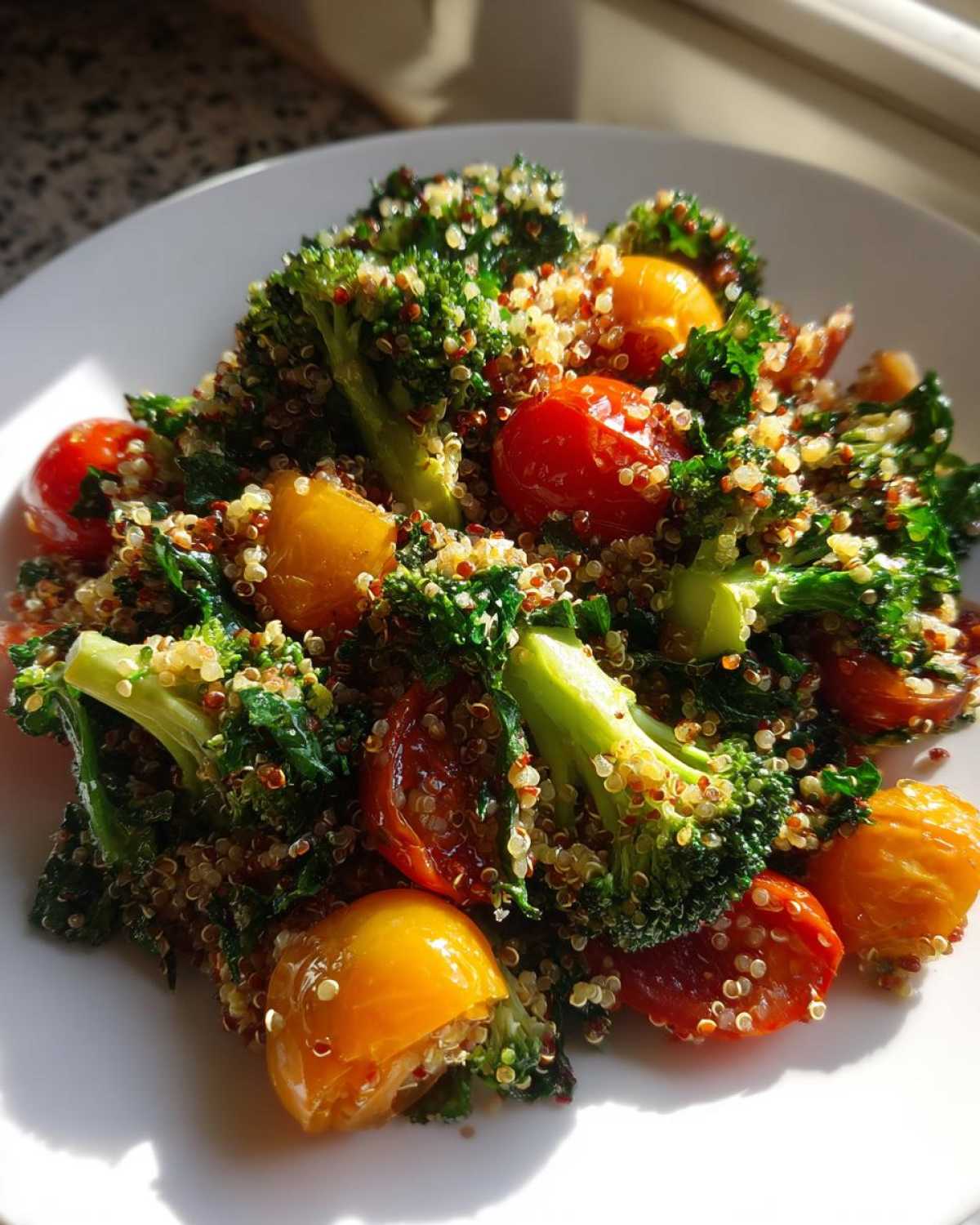 Close-up of a Sheet Pan Salad with Toasted Veggies, featuring broccoli florets, roasted cherry tomatoes, and mixed quinoa on a white plate.