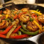 Close-up of sizzling Shrimp Fajitas with peppers and onions cooking in a black cast iron skillet.