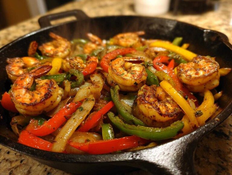 Close-up of sizzling Shrimp Fajitas with peppers and onions cooking in a black cast iron skillet.