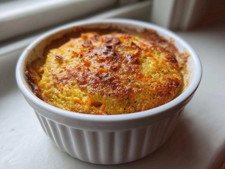 Close-up of golden-brown Single-Serving Carrot Cake Baked Oats baked in a white fluted ramekin.
