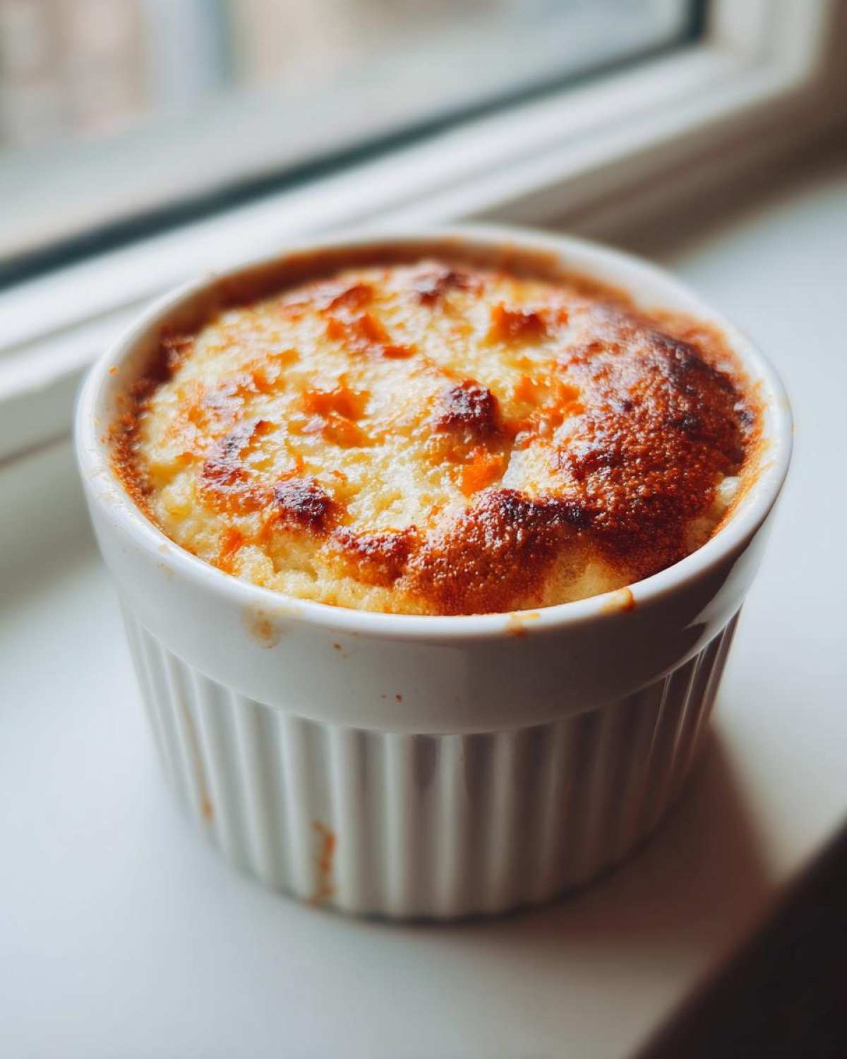 A close-up of Single-Serving Carrot Cake Baked Oats baked golden brown in a white fluted ramekin.