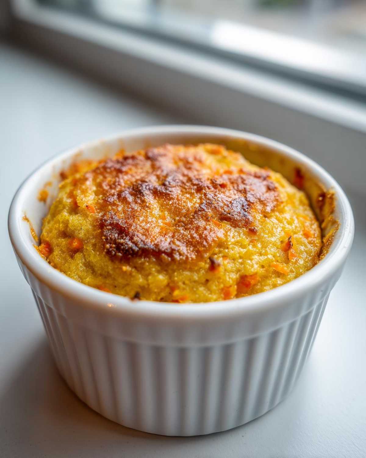 Close-up of Single-Serving Carrot Cake Baked Oats with a golden-brown top in a white fluted ramekin.