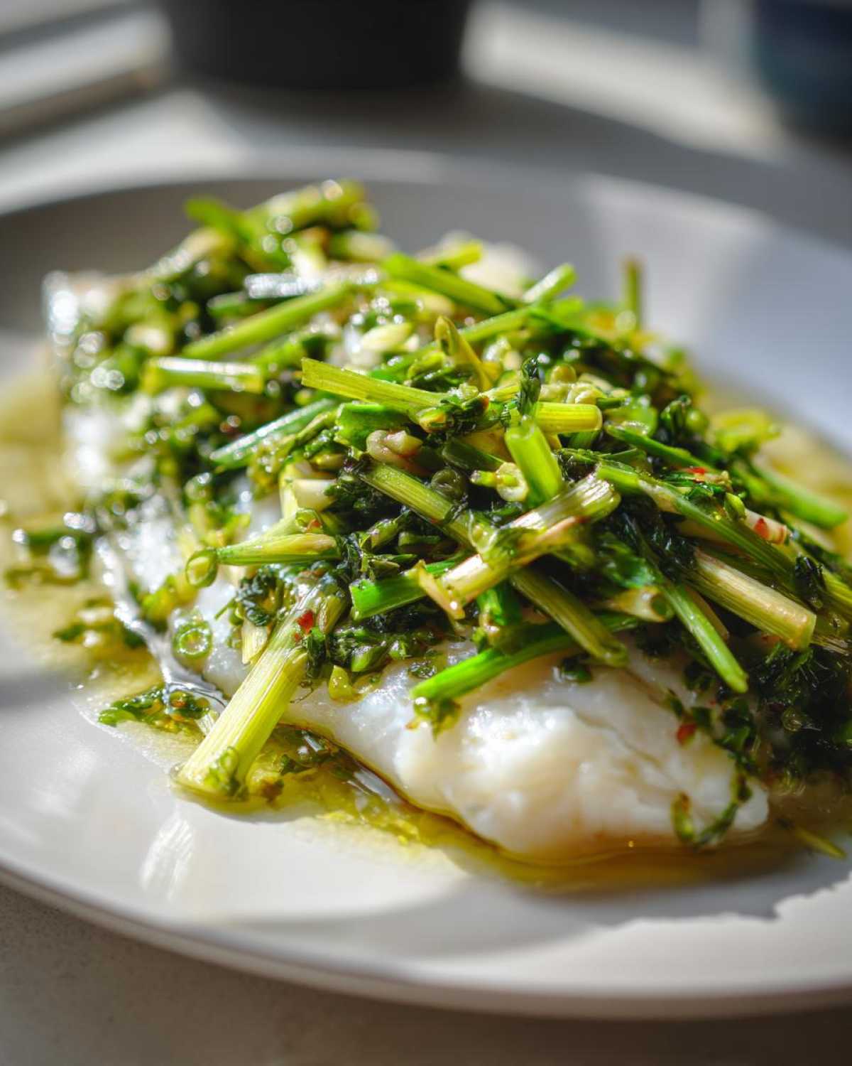 A close-up of a perfectly cooked white sea bass fillet topped generously with bright green, sizzling scallion sauce.