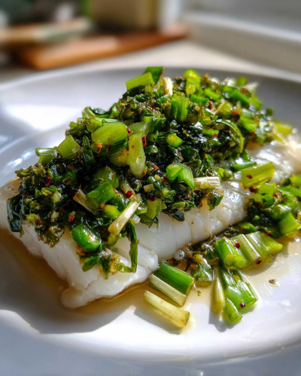 A perfectly cooked white sea bass fillet topped generously with bright green Sizzling Scallion Sauce.