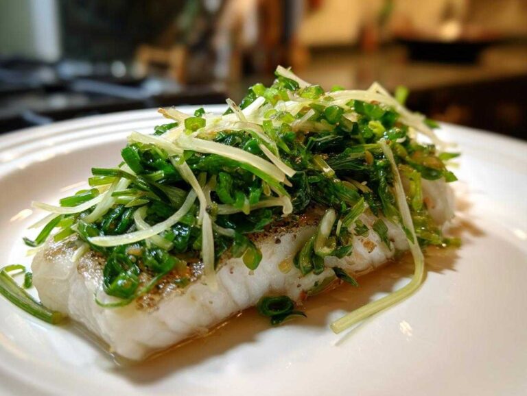 A perfectly cooked fillet of sea bass topped generously with vibrant green scallion sauce, ready to serve.