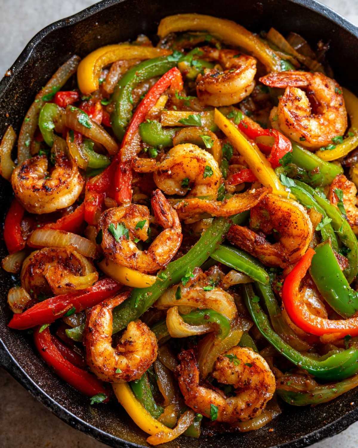 Close-up of seasoned shrimp mixed with sizzling red, green, and yellow peppers and onions in a cast iron skillet for Shrimp Fajitas.