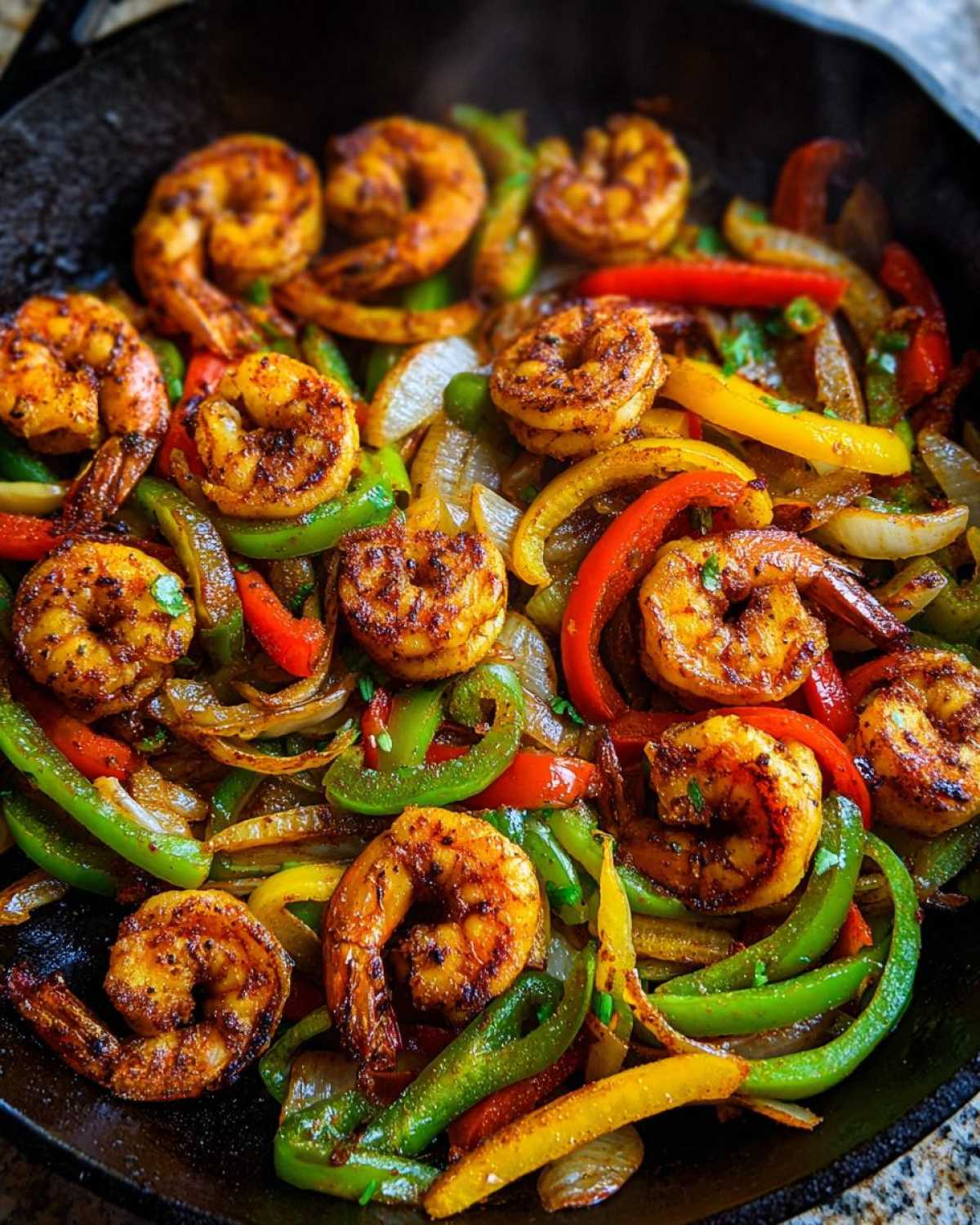 Close-up of seasoned shrimp cooking with colorful, sizzling peppers and onions for Shrimp Fajitas in a cast iron skillet.