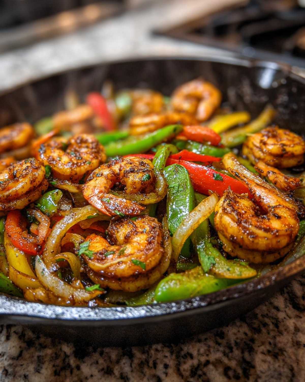 Close-up of seasoned shrimp fajitas with sizzling peppers and onions cooking in a black cast iron skillet.