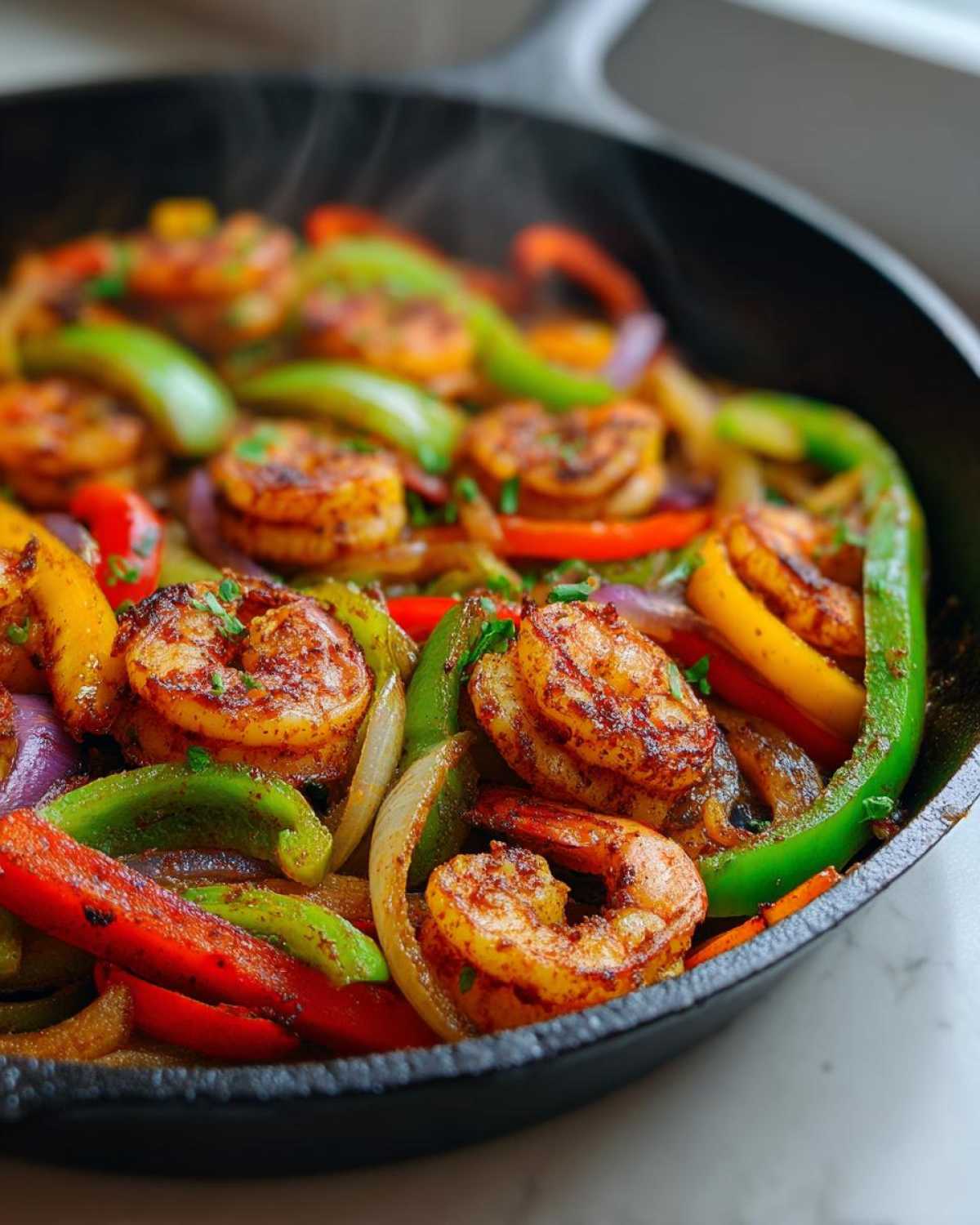 Close-up of sizzling Shrimp Fajitas with peppers and onions cooking in a hot cast iron skillet.