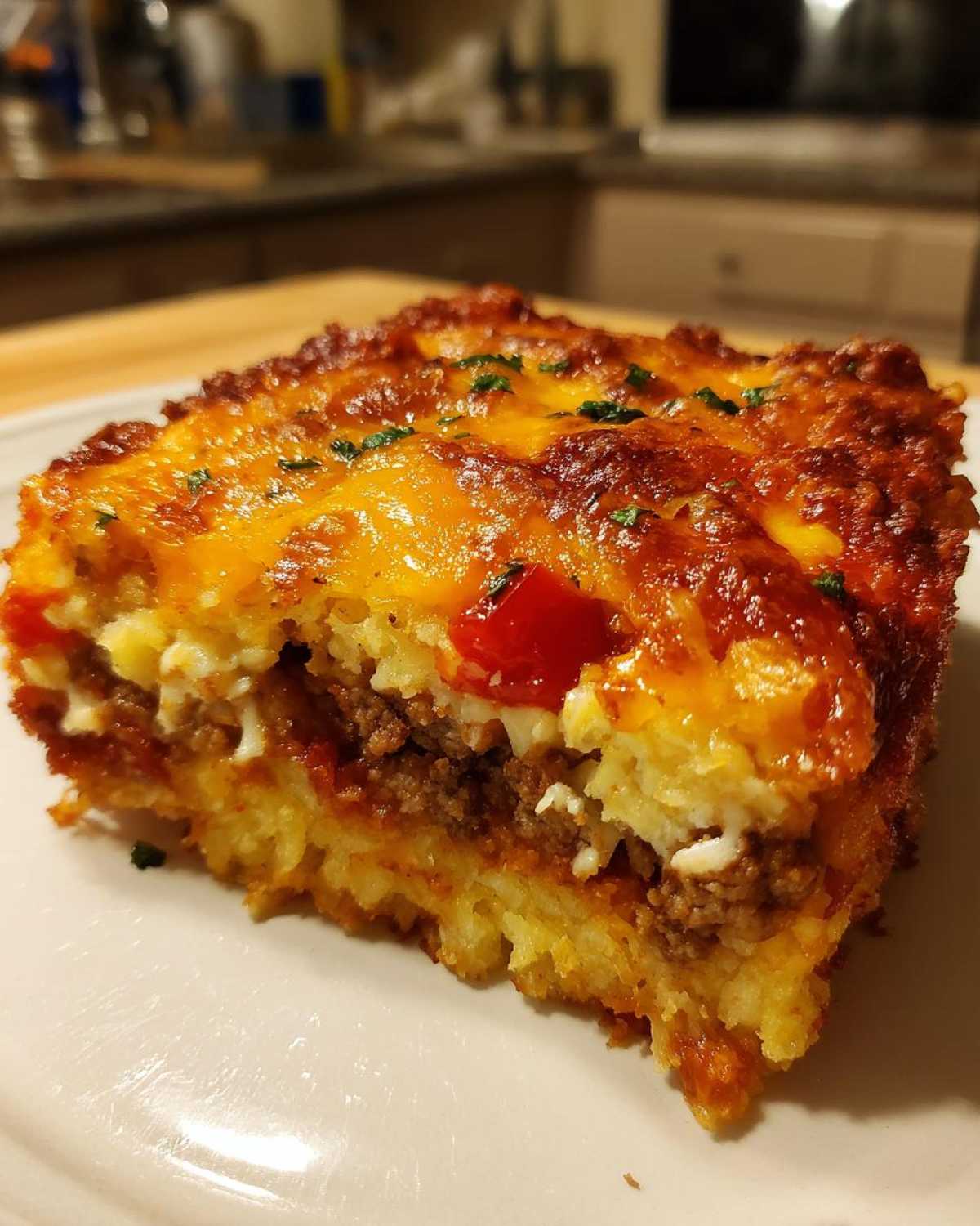 A close-up slice of Tater Tot Breakfast Casserole with browned cheese, ground meat, and eggs on a white plate.