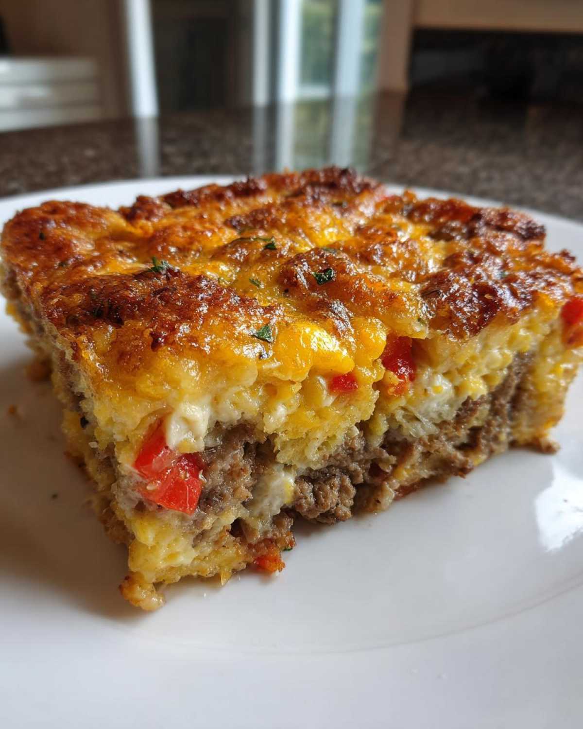 A close-up slice of Tater Tot Breakfast Casserole showing layers of browned sausage, eggs, cheese, and red peppers on a white plate.