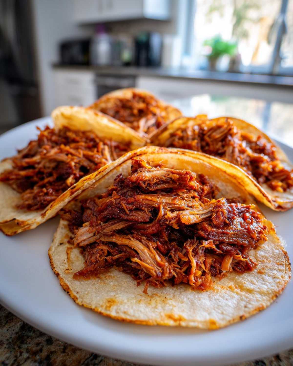 Close-up of several corn tortillas filled generously with shredded Slow-Cooked Pork Carnitas Tacos on a white plate.